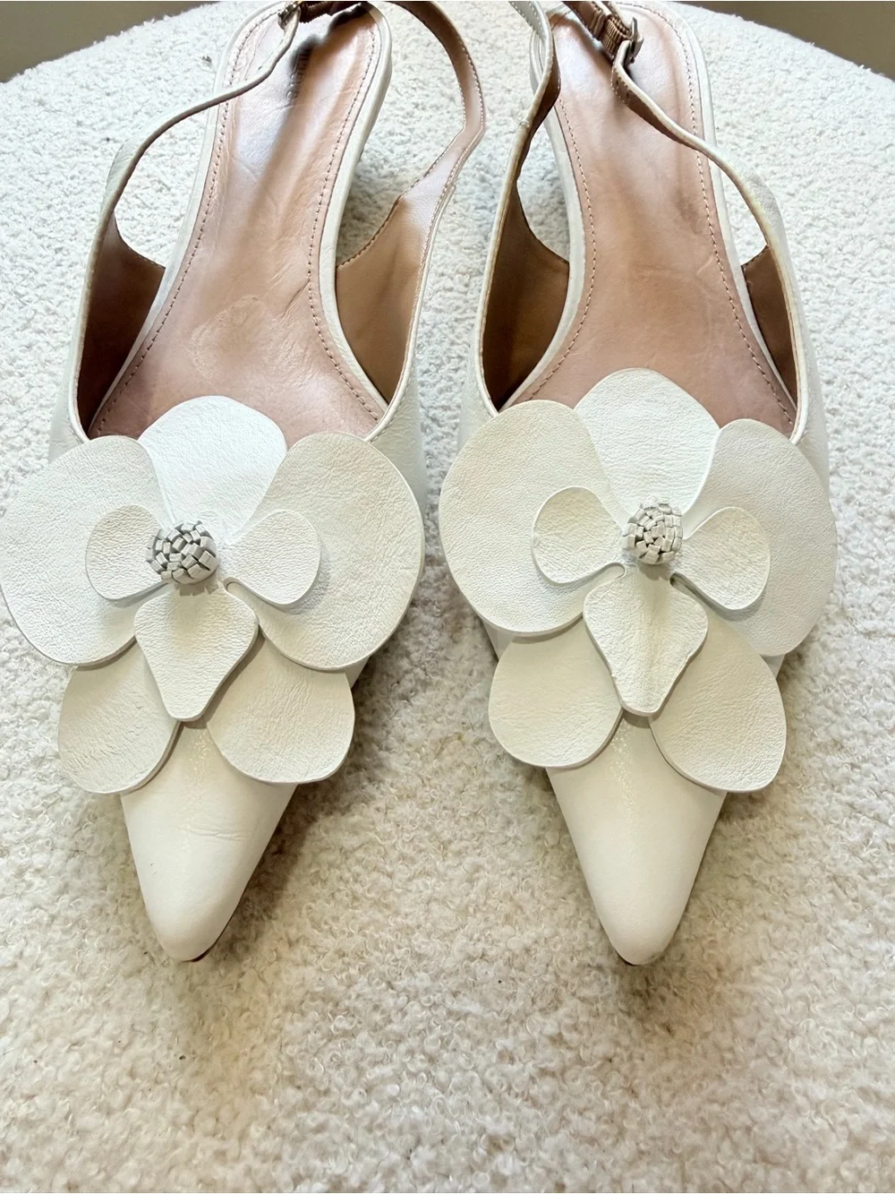 Anthropologie Maeve Floral White Leather Slingback Heels 41 US 10.5